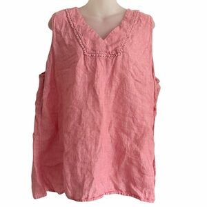 Talbots Linen Sleeveless Tank Top‎ women's 2X Plus Size Coral Pink Pom Pom Trim